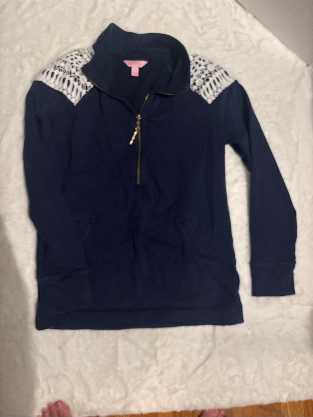 Lilly Pulitzer Navy Half-Zip Pullover with White Lace Shoulders